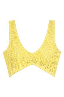 Yellow crochet bikini top with textured knit pattern and wide shoulder straps.