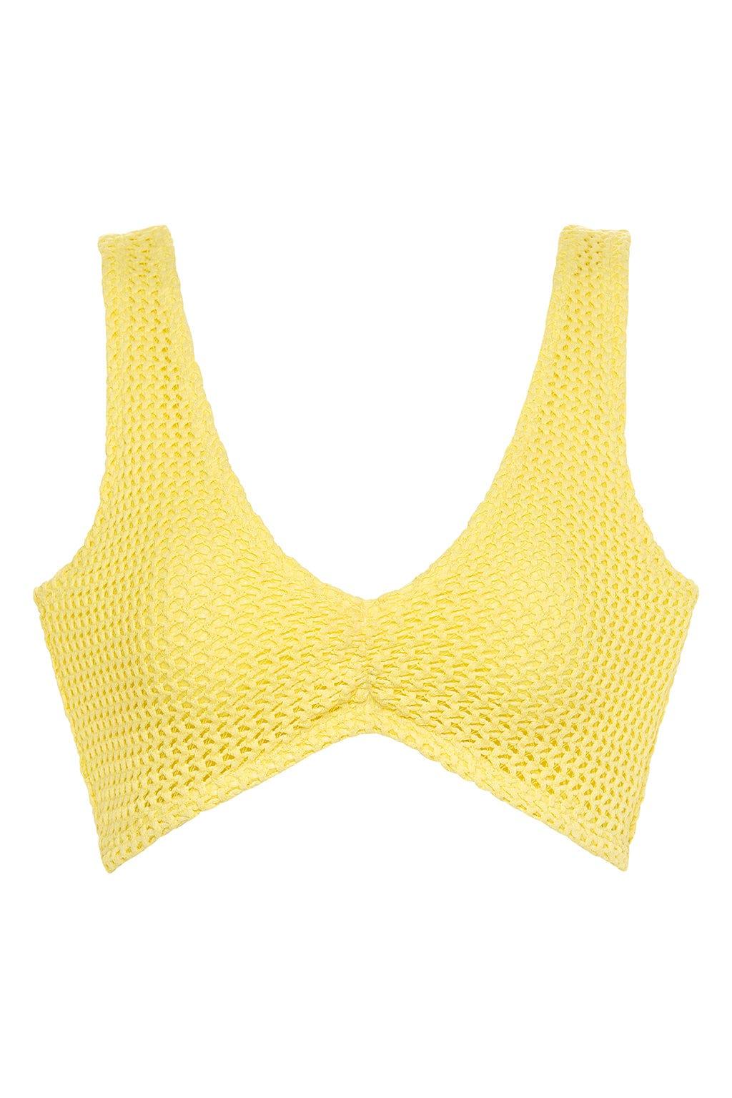 Yellow crochet bikini top with textured knit pattern and wide shoulder straps.