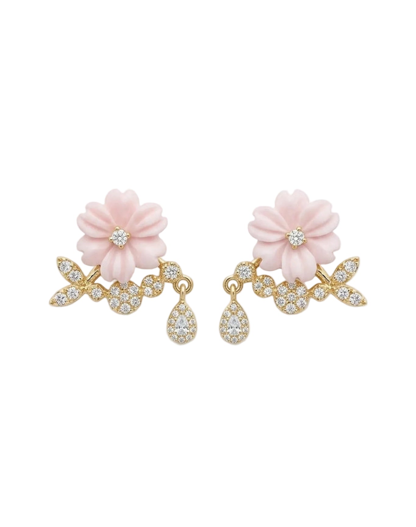 Yellow Gold Pink Flower Shell Earrings | 14K Yellow Gold