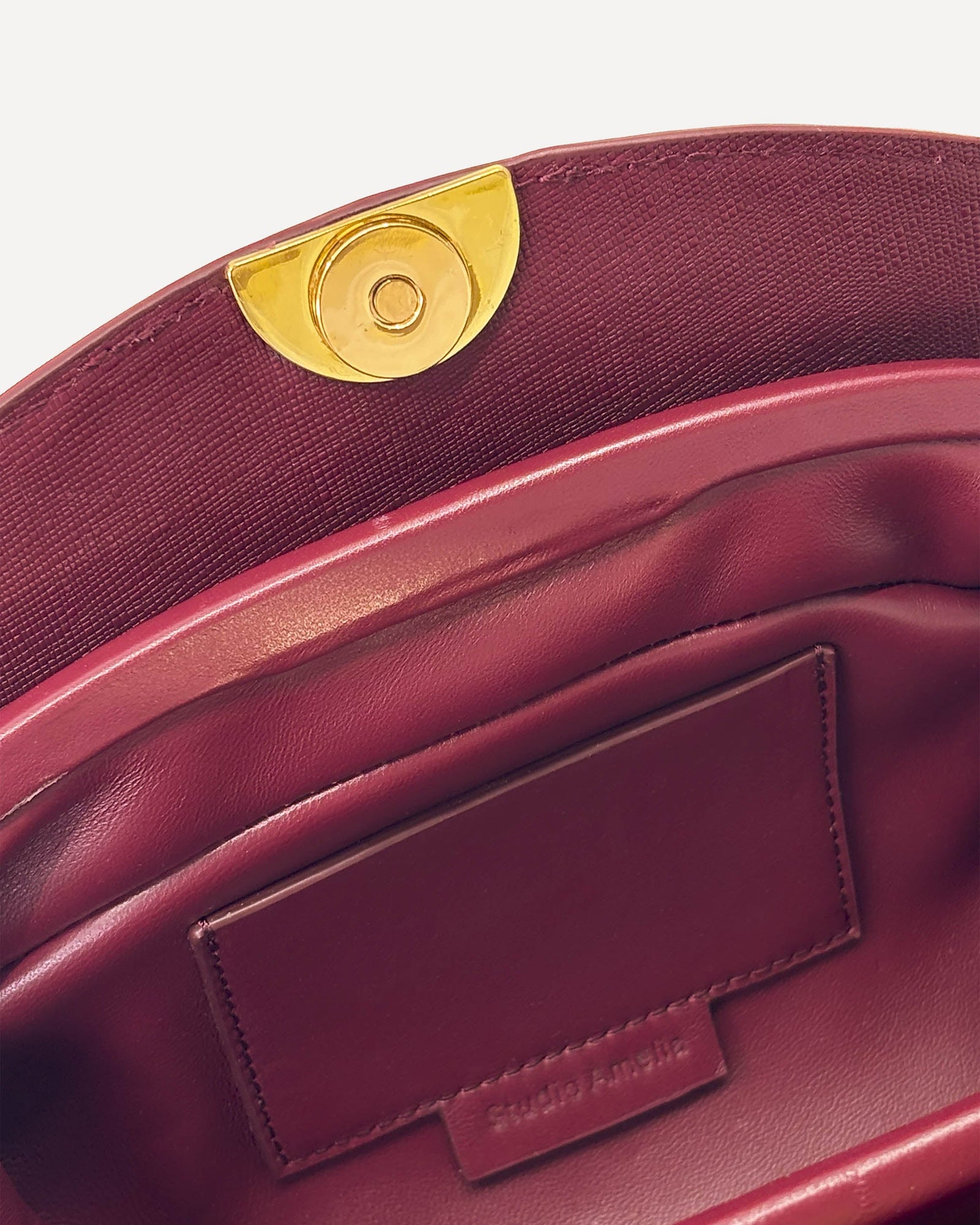 Close-up of a burgundy handbag with a gold clasp on a white background