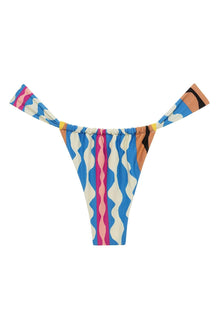 Bikini bottom with abstract wavy stripes in blue, cream, pink, yellow, orange and black colors.