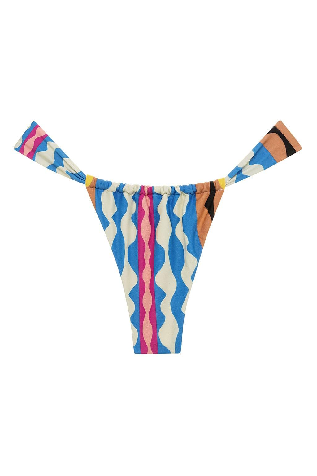 Bikini bottom with abstract wavy stripes in blue, cream, pink, yellow, orange and black colors.