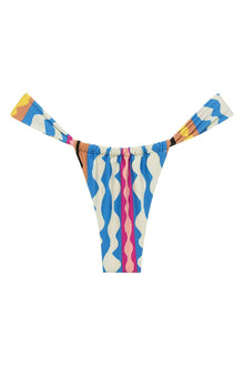 Bikini bottom with abstract geometric pattern in blue, cream, yellow, pink, and brown colorblocking with wavy stripes.