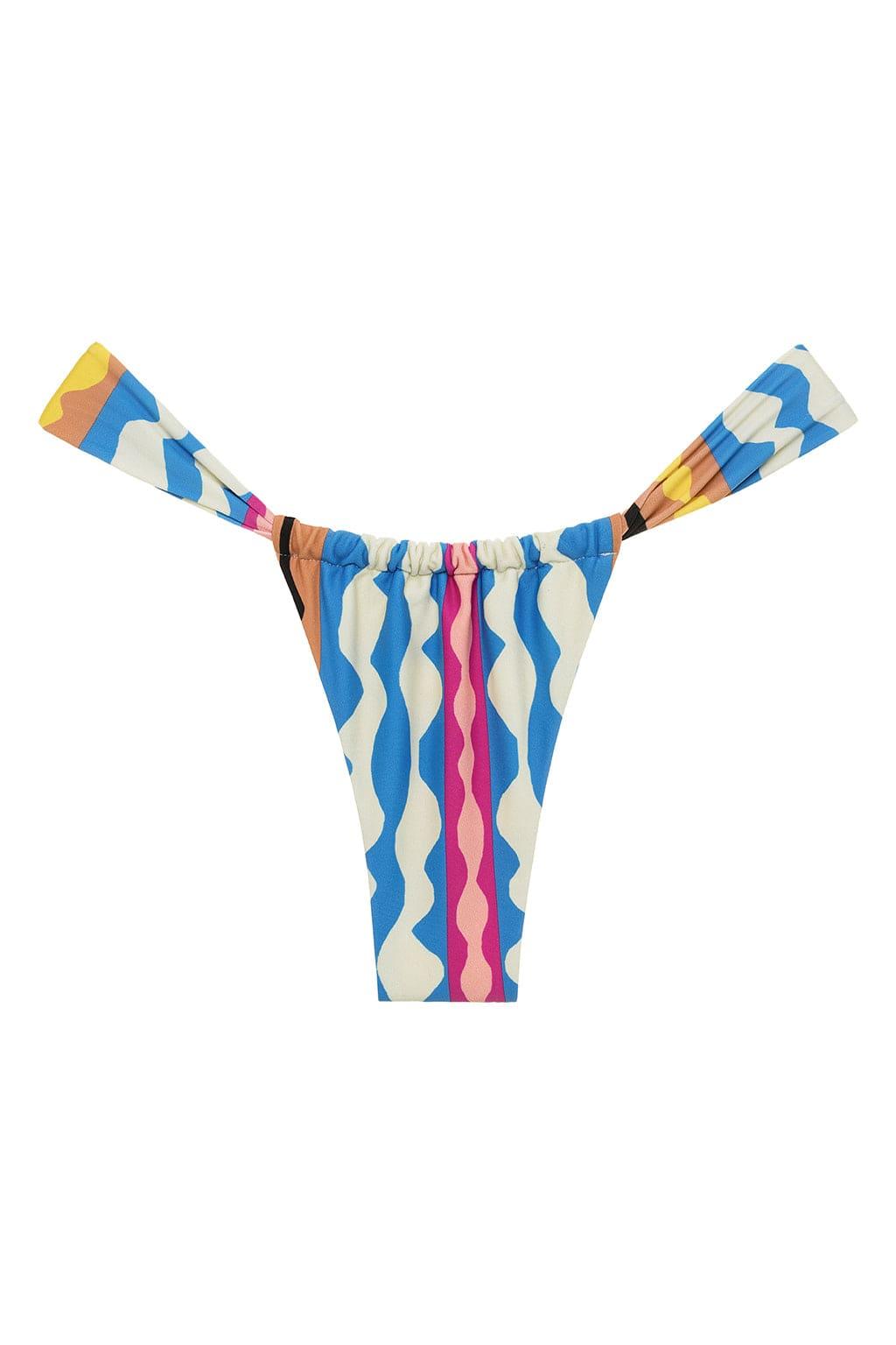 Bikini bottom with abstract geometric pattern in blue, cream, yellow, pink, and brown colorblocking with wavy stripes.