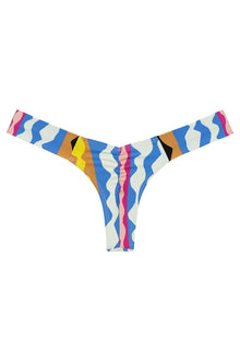 Bikini bottom with abstract wavy pattern in blue, pink, yellow, orange, and cream colors.