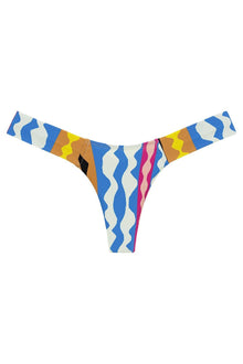 Bikini bottom with abstract wavy and geometric patterns in blue, yellow, orange, pink, and cream.