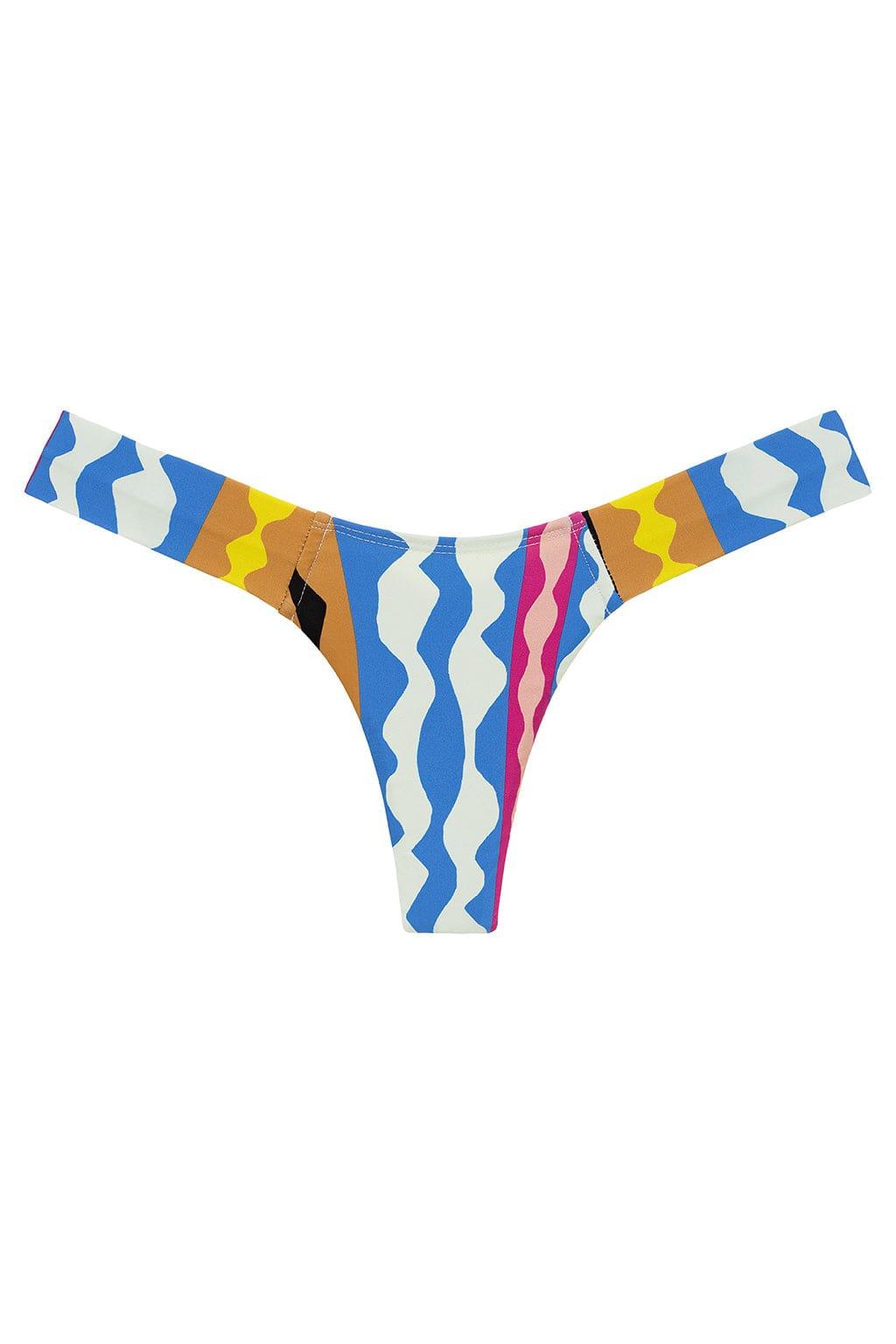 Bikini bottom with abstract wavy and geometric patterns in blue, yellow, orange, pink, and cream.