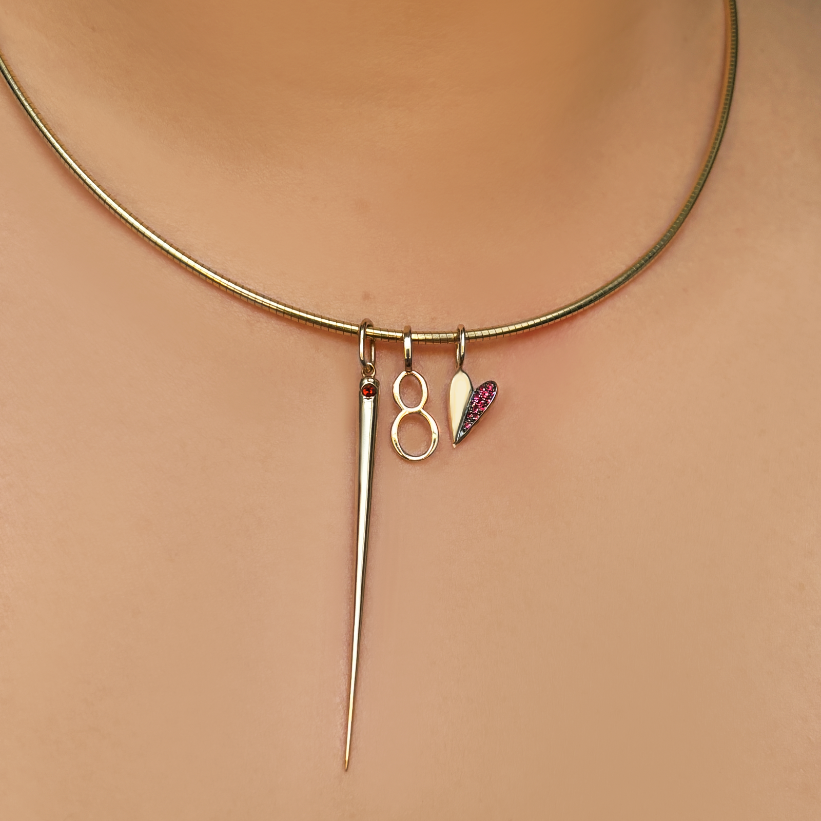 Adjustable Omega Choker with Small Ruby Quill Spike Charm, Number 8 Charm and Half Pavé Folded Heart Charm with Ruby
