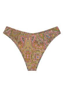 Paisley-patterned bikini bottom in pink, yellow, and green with ornate motifs and side tie details.