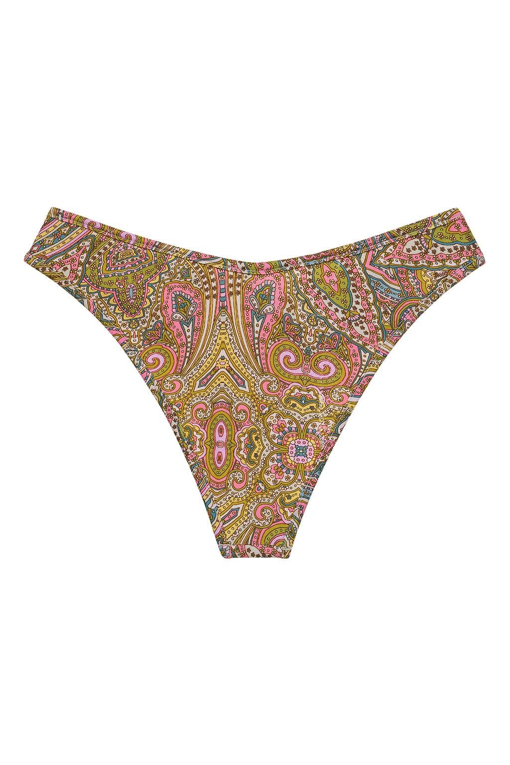 Paisley-patterned bikini bottom in pink, yellow, and green with ornate motifs and side tie details.