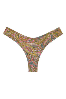Paisley patterned bikini bottom in gold, pink, and green with high-cut thong style.