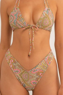 Multicolored paisley print bikini bottom with high-cut legs and curved waistband.