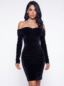 Ashton Off Shoulder Velvet Long Sleeve Bodycon Dress | Black
