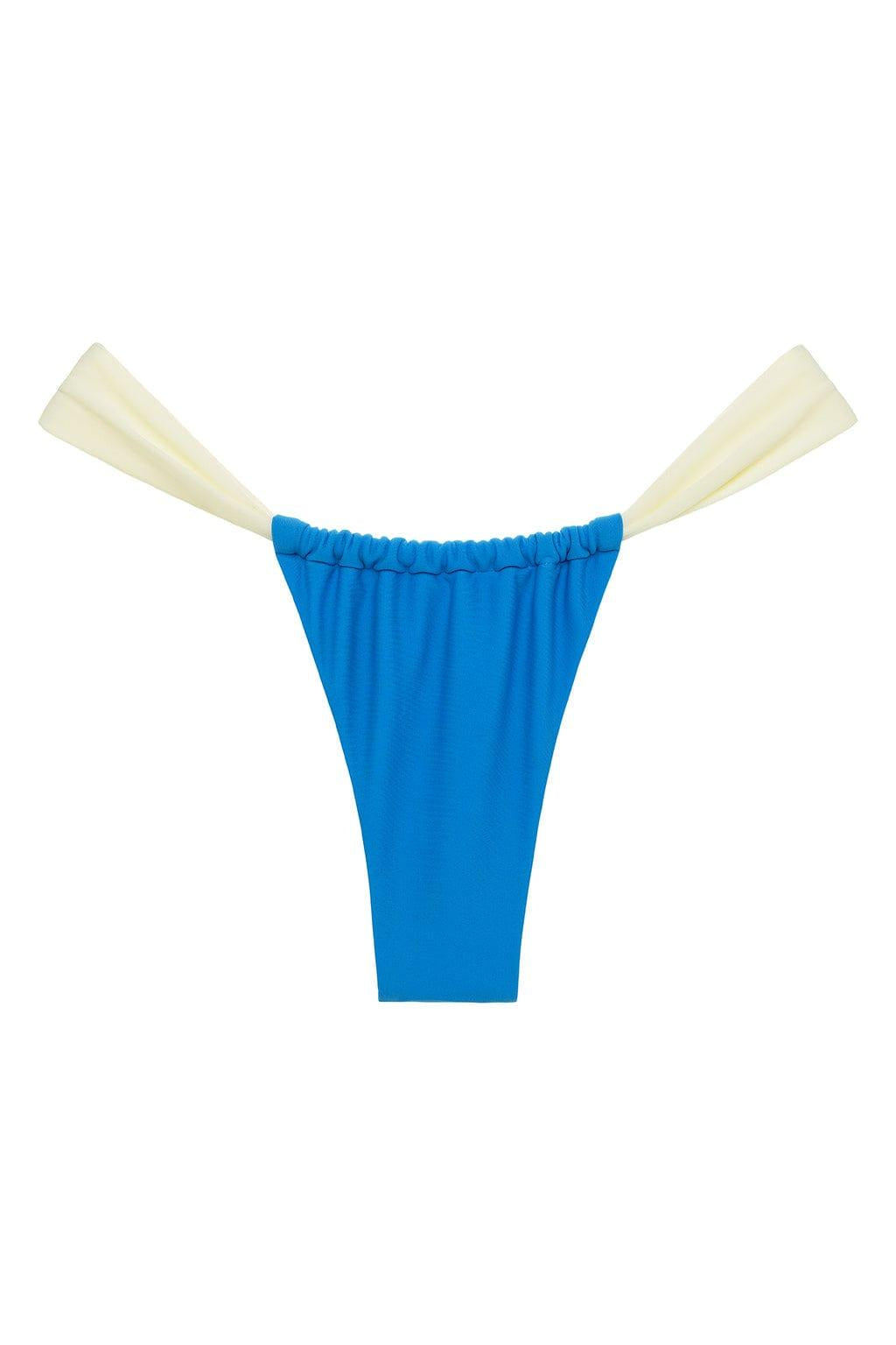Cream and blue bikini bottom with ruched waistband and cream-colored tie straps.