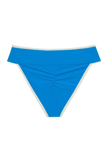 Bright blue bikini bottom with cream-colored binding trim and folded waistband detail.
