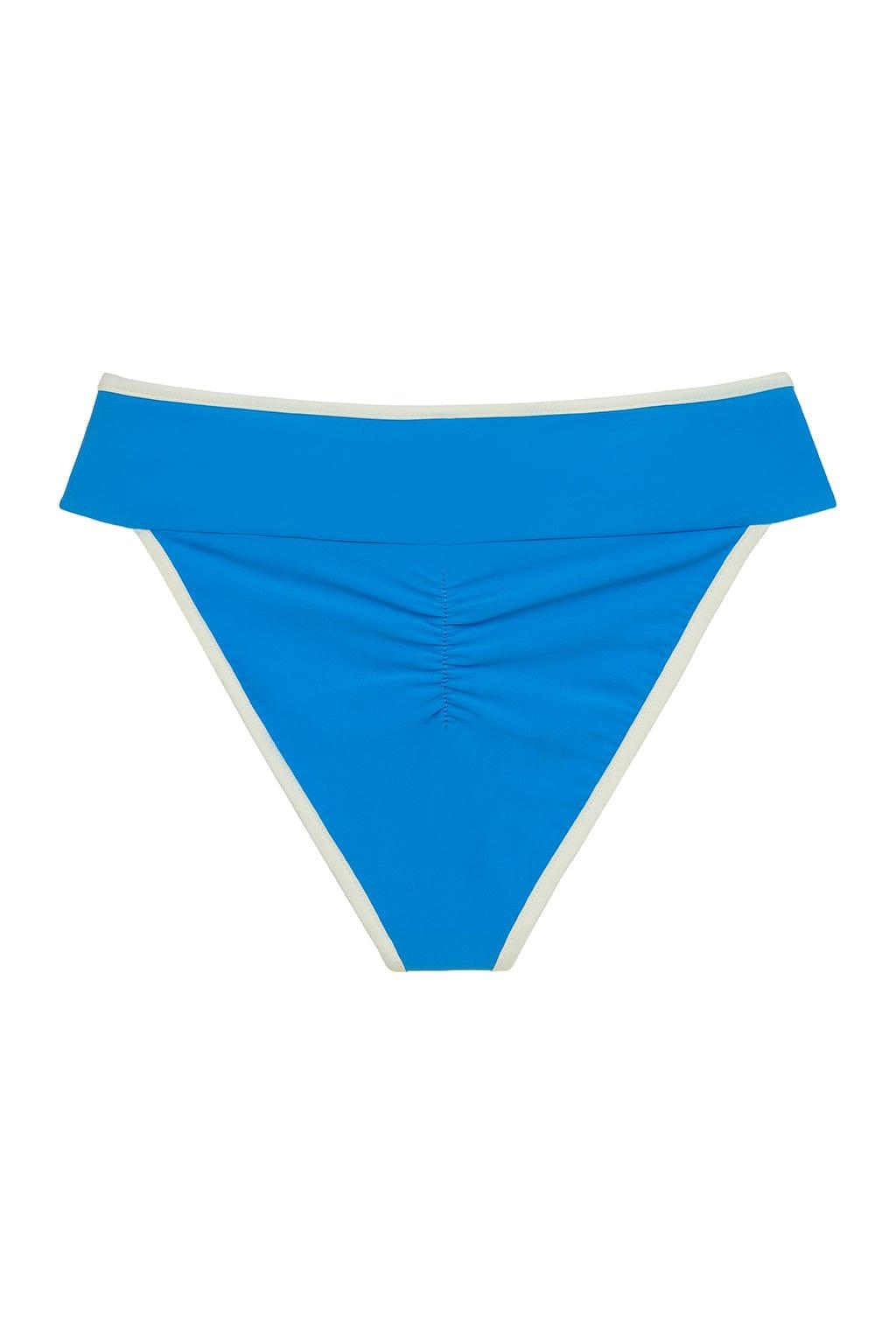 Bright blue bikini bottom with cream-colored binding trim and folded waistband detail.
