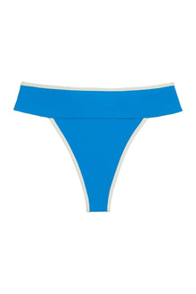 Bright blue bikini bottom with cream binding trim and off-shoulder ruffle neckline detail.