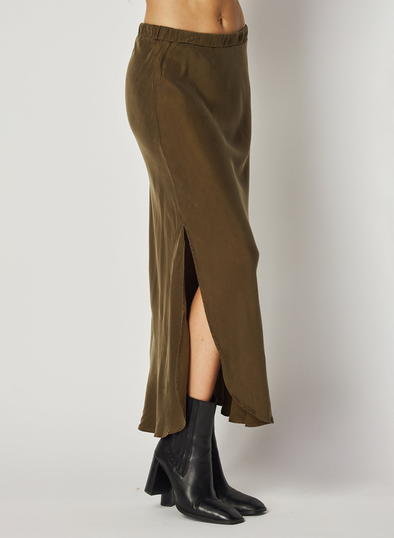 Asymmetric Side Slit Bias Skirt | Autumn Olive