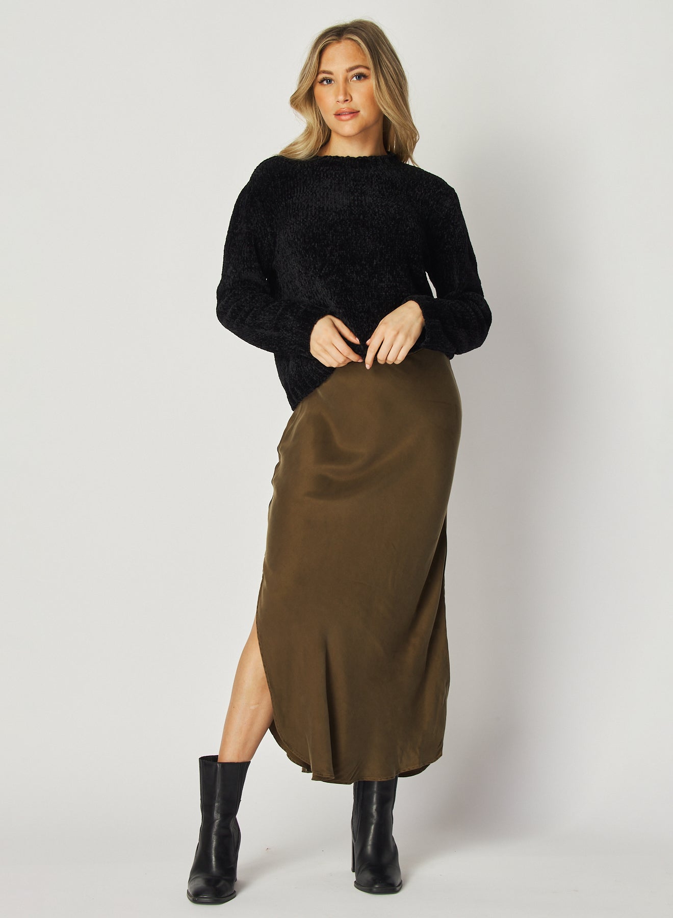 Asymmetric Side Slit Bias Skirt | Autumn Olive
