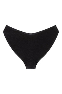 Black velvet bikini bottom with high-waisted cut and zig-zag stitching detail.