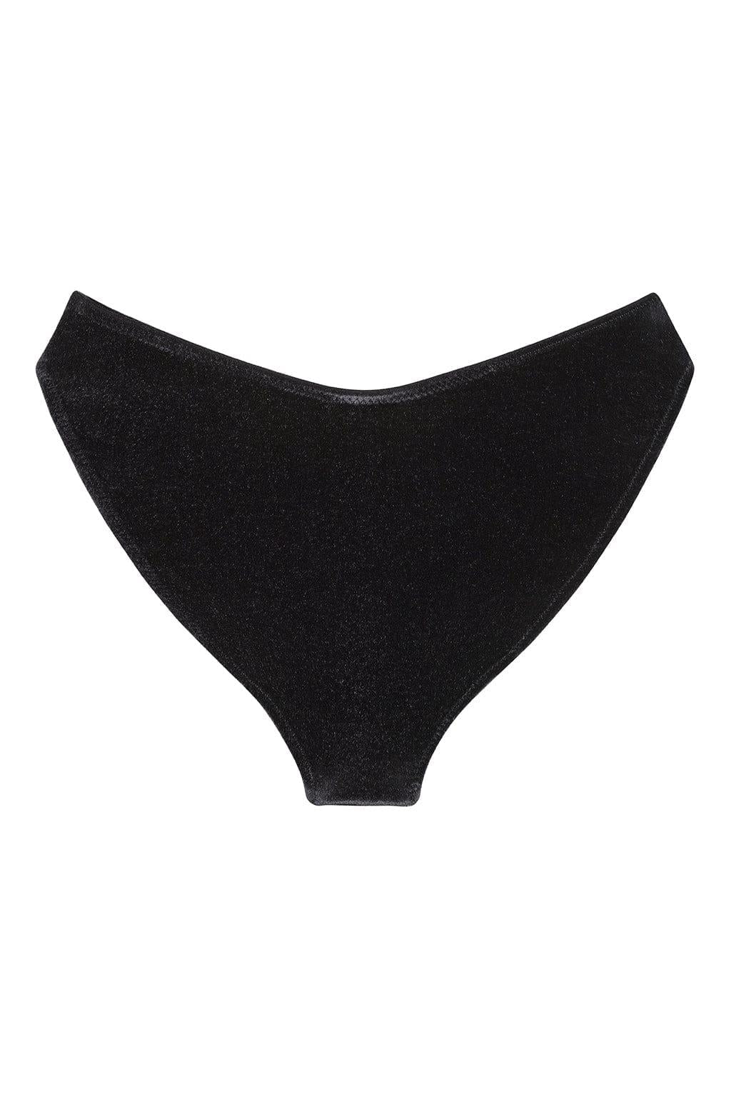 Black velvet bikini bottom with high-waisted cut and zig-zag stitching detail.