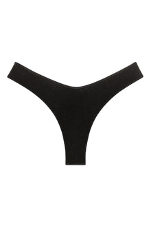 Black velvet bikini bottom with high-waisted cut and zig-zag stitching detail on wide side straps.