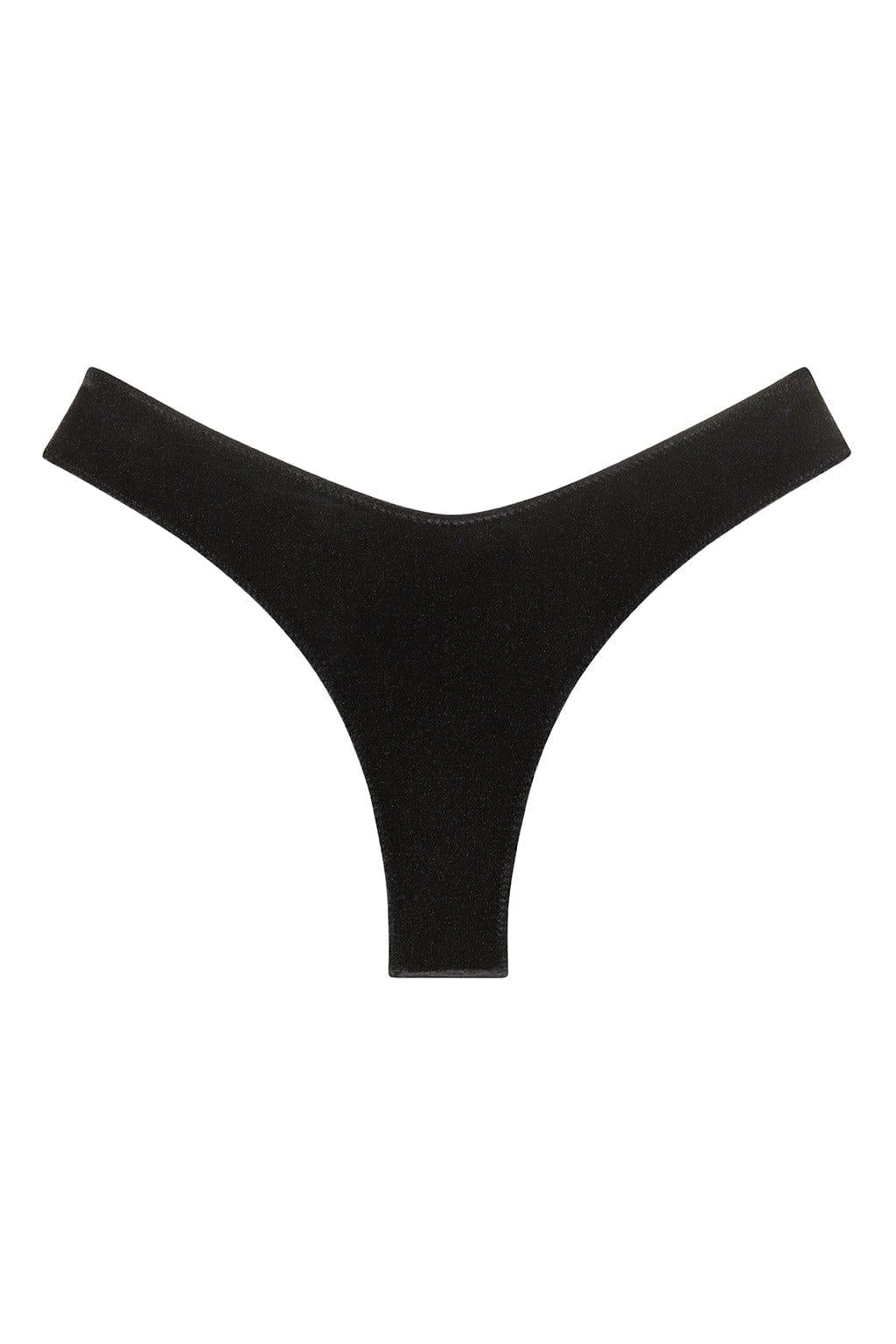 Black velvet bikini bottom with high-waisted cut and zig-zag stitching detail on wide side straps.