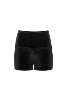 Black velvet micro bike short with high waistband and short inseam.