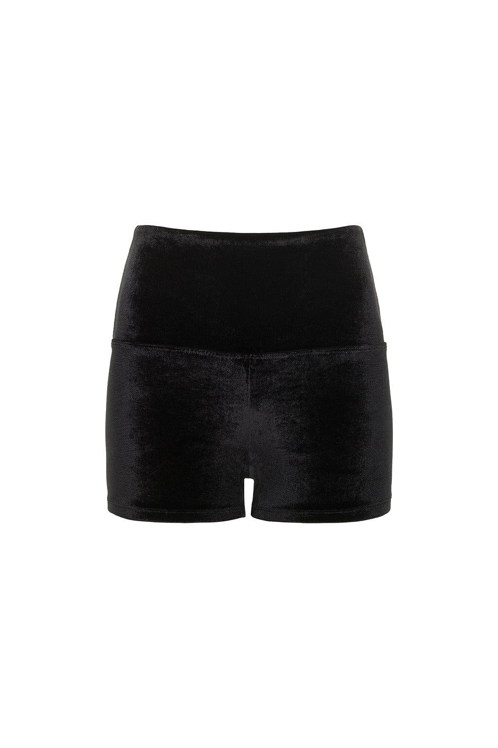 Black velvet micro bike short with high waistband and short inseam.