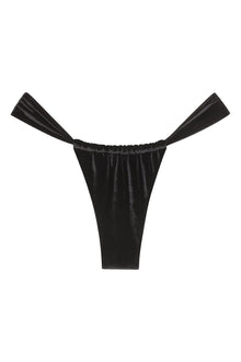 Black velvet bikini bottom with ruched waistband and side tie straps.