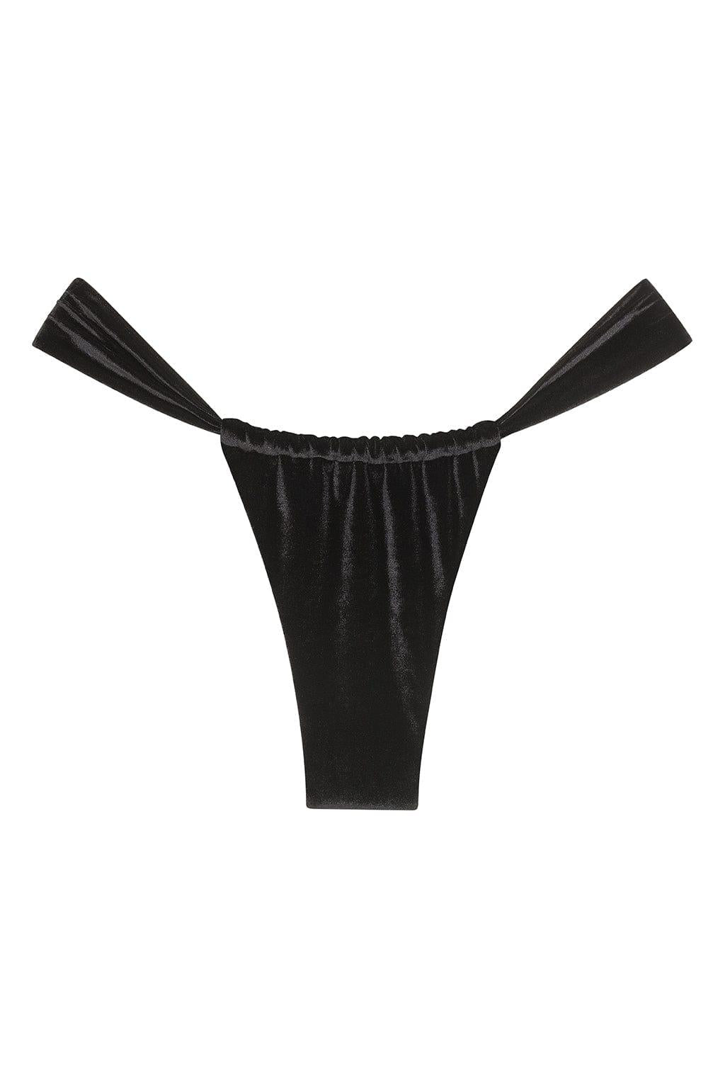 Black velvet bikini bottom with ruched waistband and side tie straps.