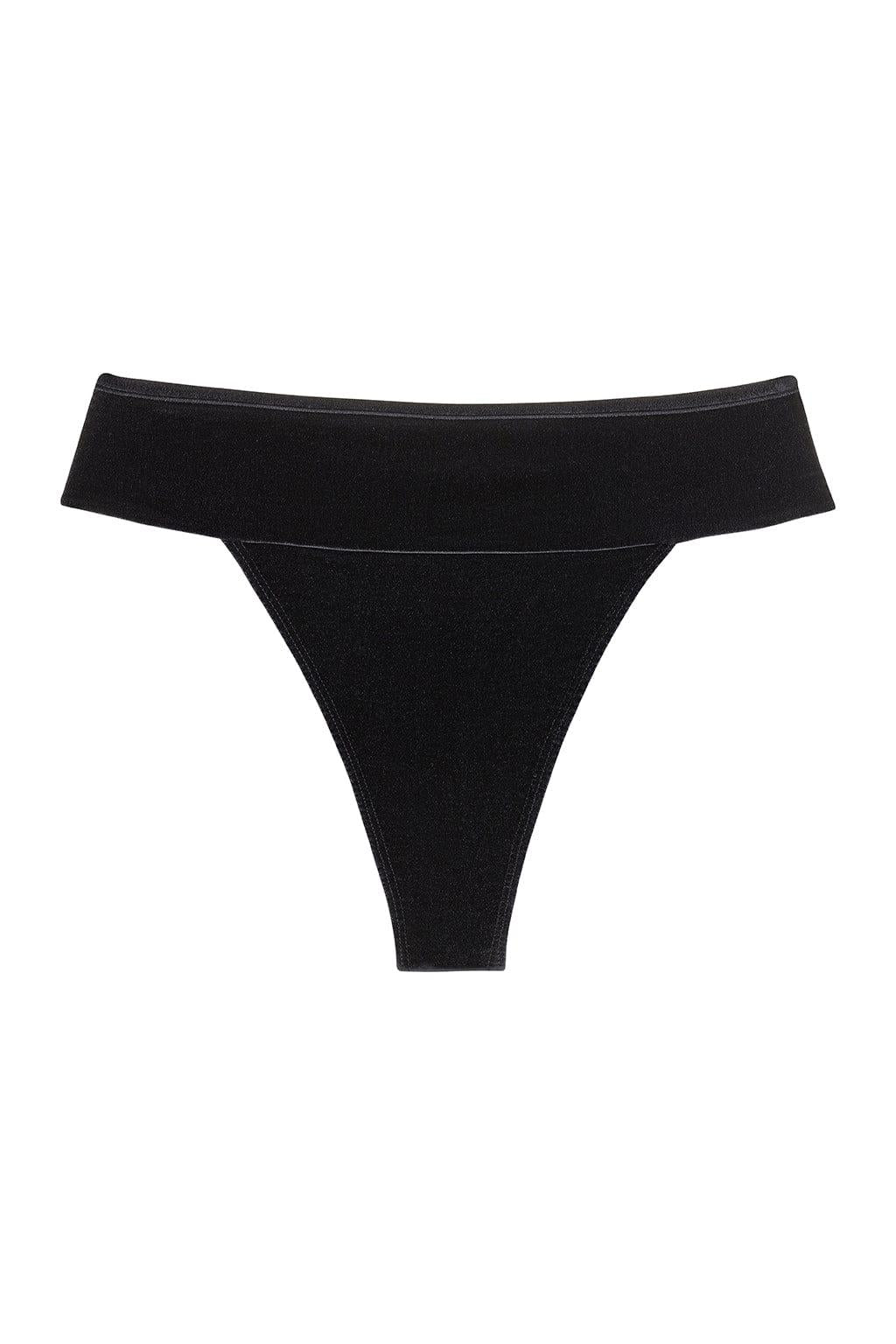 Black velvet bikini bottom with off-shoulder binding detail and high-cut leg.