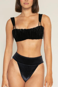 Black velvet bikini bottom with bound waistband and high-cut leg design.