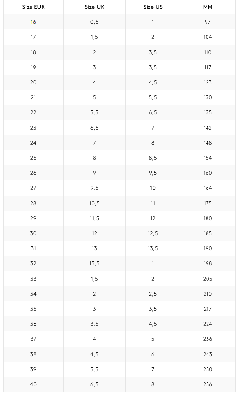 Product size guide