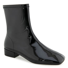 Nina Bootie Low Block Heel | Black Stretch Crinkled Faux Patent