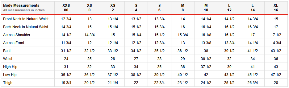Product size guide
