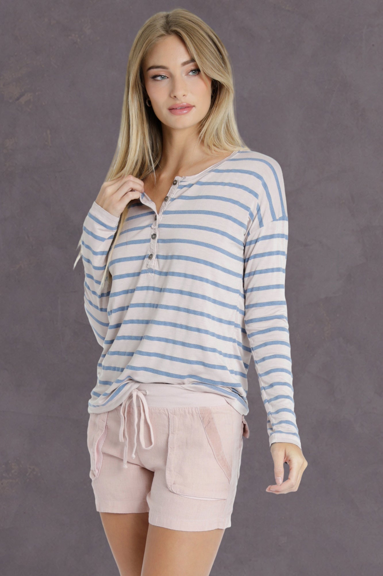 Women | Chambray Stripe Oversized Henley Tee | Rose Quartz