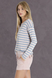 Women | Chambray Stripe Oversized Henley Tee | Rose Quartz