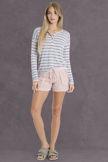 Women | Chambray Stripe Oversized Henley Tee | Rose Quartz