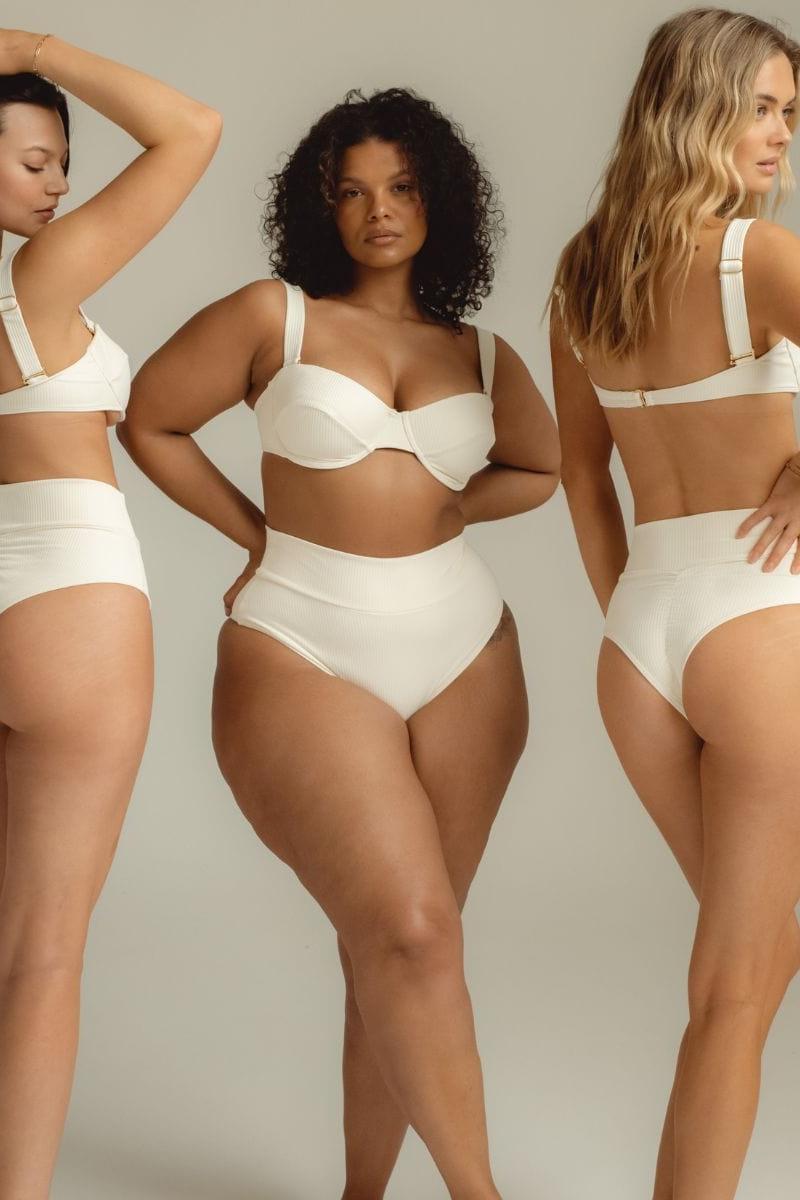Cream ribbed underwire bikini top with sweetheart neckline and adjustable straps, shown on three models from front and back v