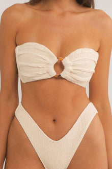 Cream textured bandeau bikini top with gathered fabric and center cutout detail.