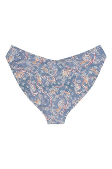 Blue bikini bottom with pink and orange paisley and floral print throughout.