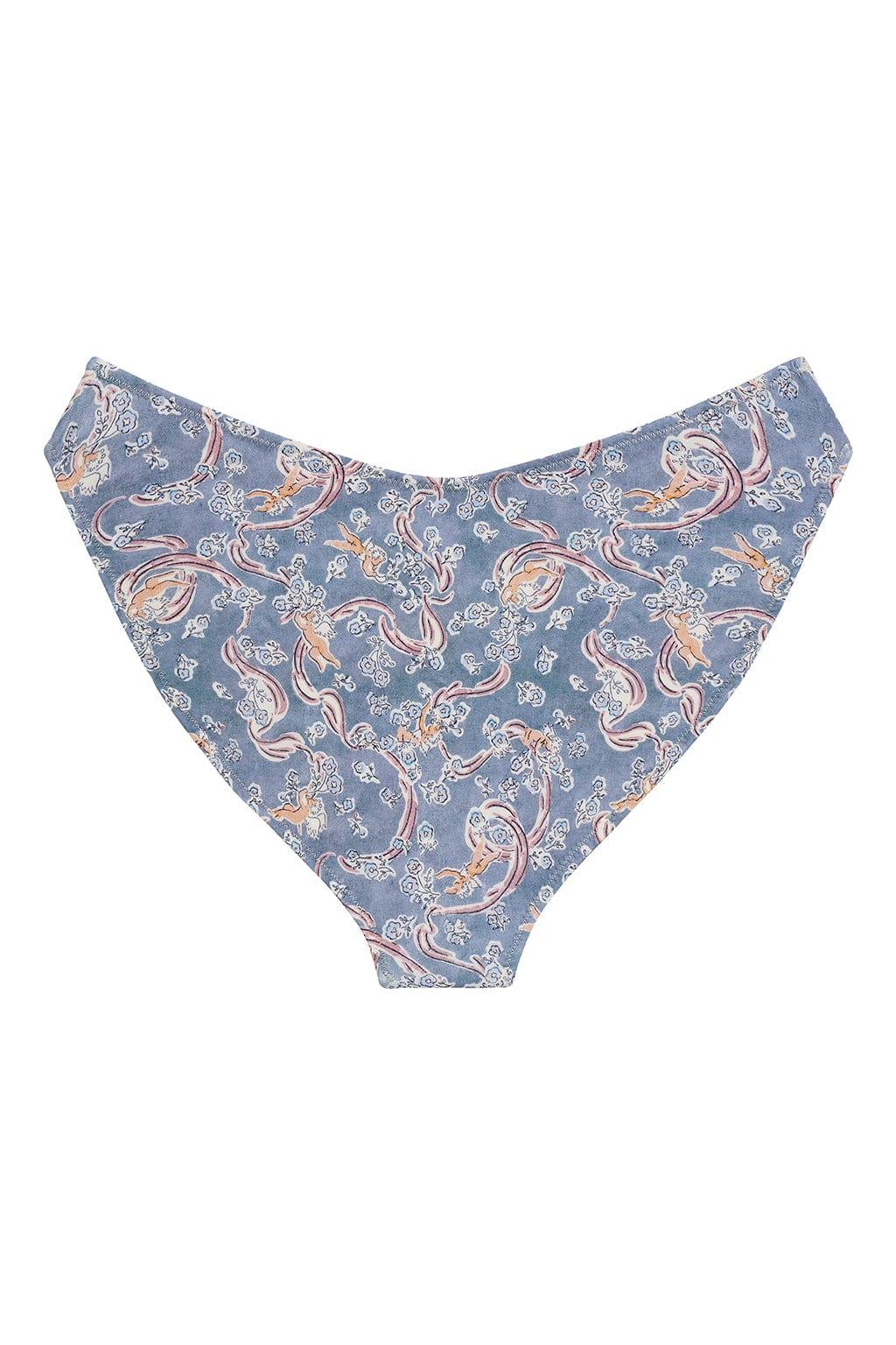 Blue bikini bottom with pink and orange paisley and floral print throughout.