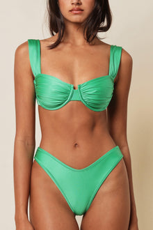 Emerald green bikini top with gathered cups, wide shoulder straps, and center hardware detail.
