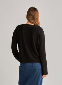 French Terry Bell Sleeve V-Neck Pullover | Black