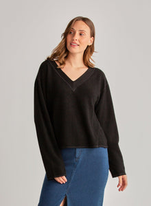 French Terry Bell Sleeve V-Neck Pullover | Black