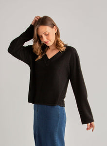 French Terry Bell Sleeve V-Neck Pullover | Black