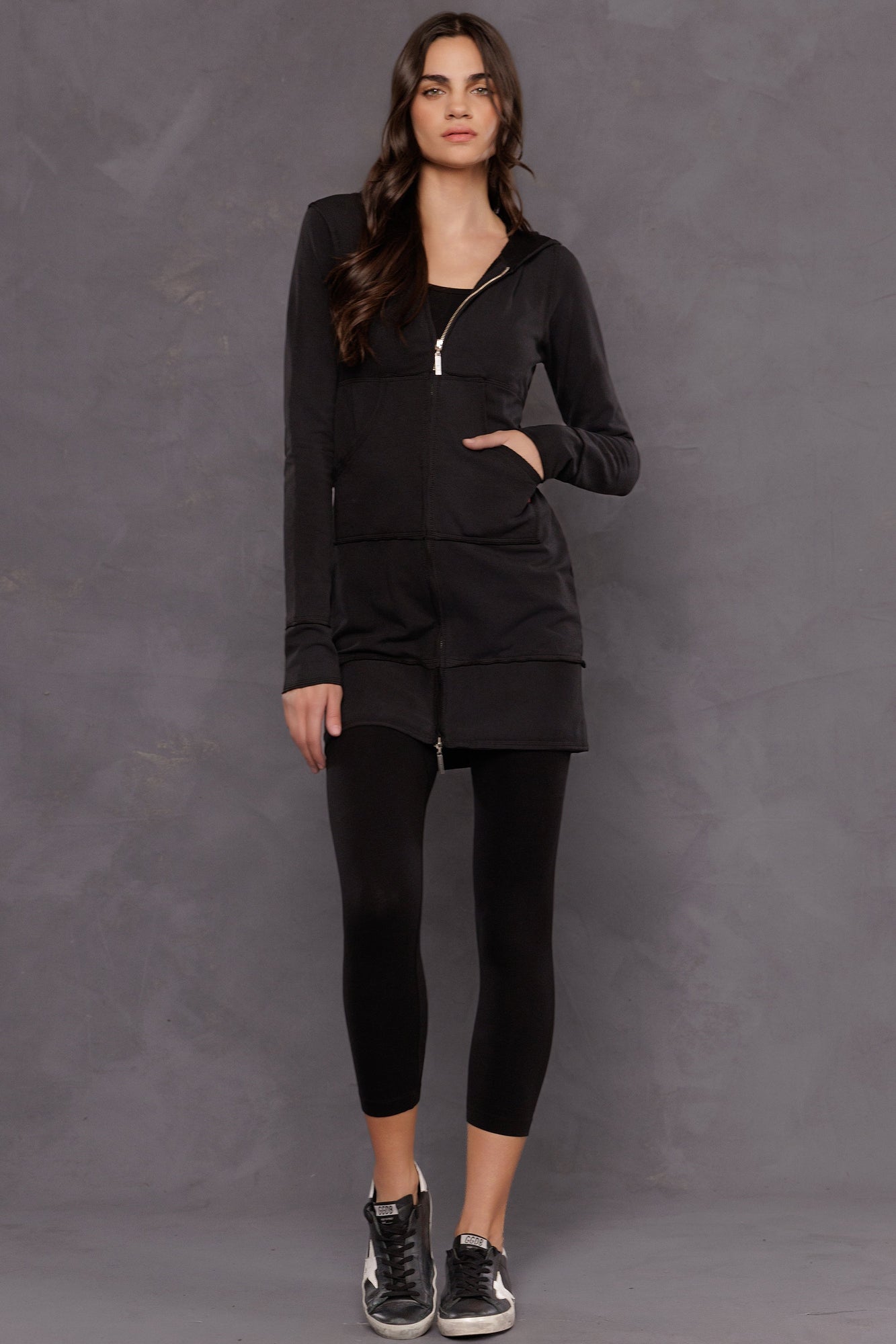 Women | Raw Edge Empire Waist Long Zip Hoodie | Black