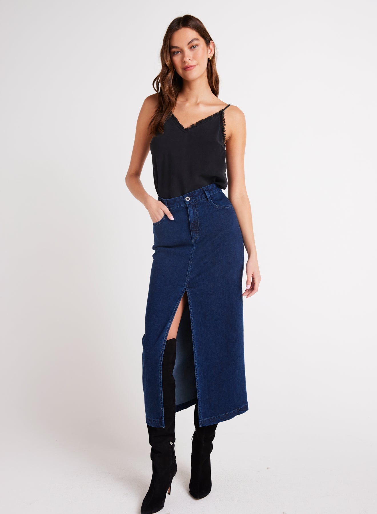 Gia Front Slit Maxi Skirt | Indigo Twilight Wash