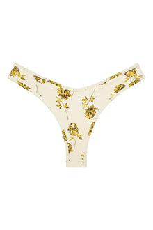 Cream bikini bottom with gold filigree floral print and wide side coverage.